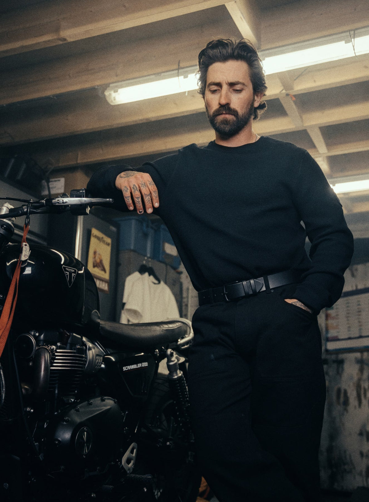 An in the field image of Men's Dissident Waffle Long Sleeve T-Shirt in Obsidian Black (ITF)