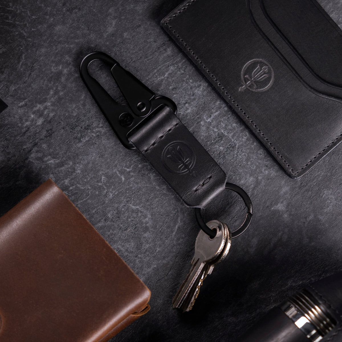 A creative studio shot of Leather Cardholder Wallet in Black (CS)