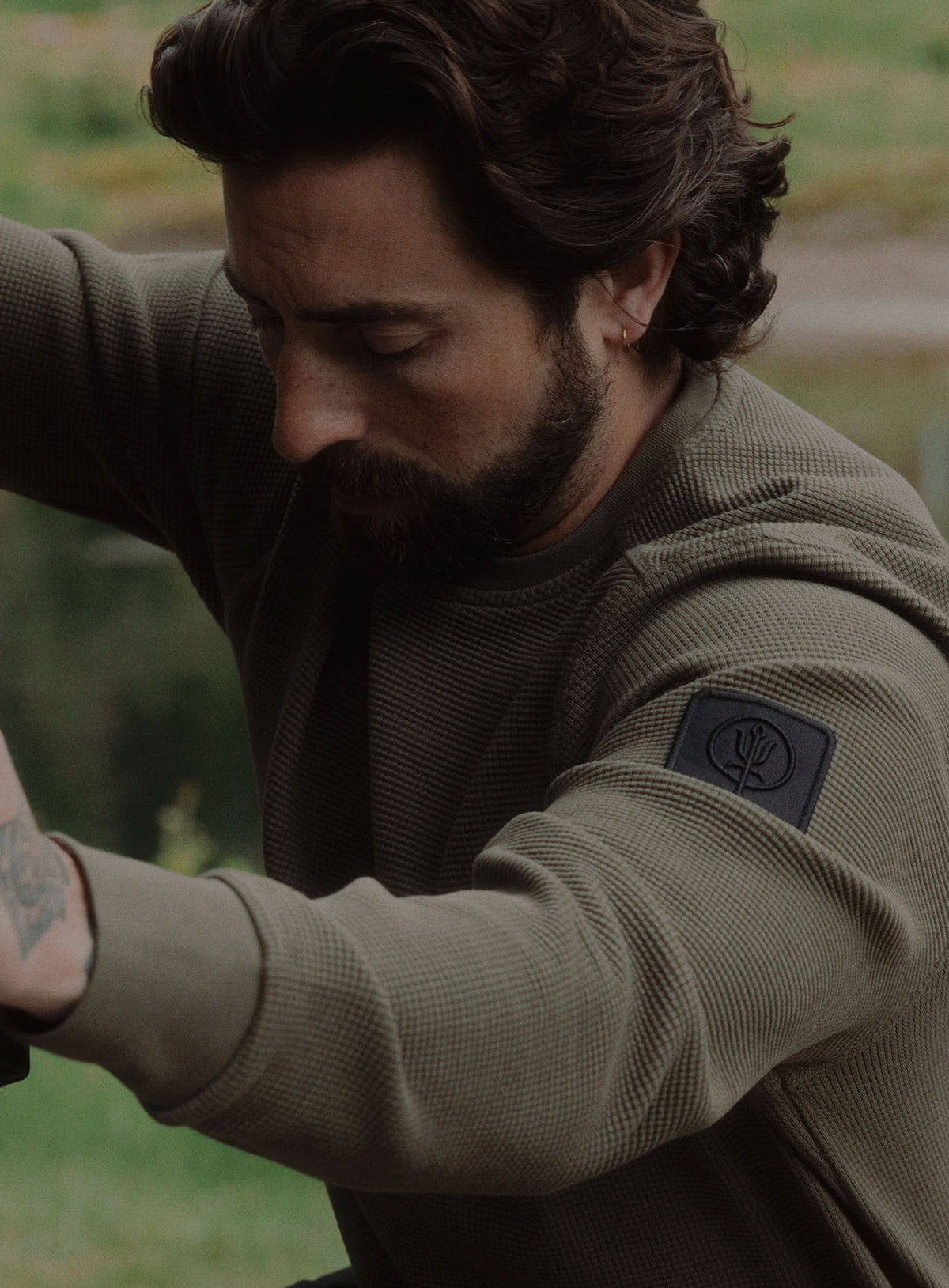 An in the field image of Men's Dissident Waffle Long Sleeve T-Shirt in Khaki (ITF)