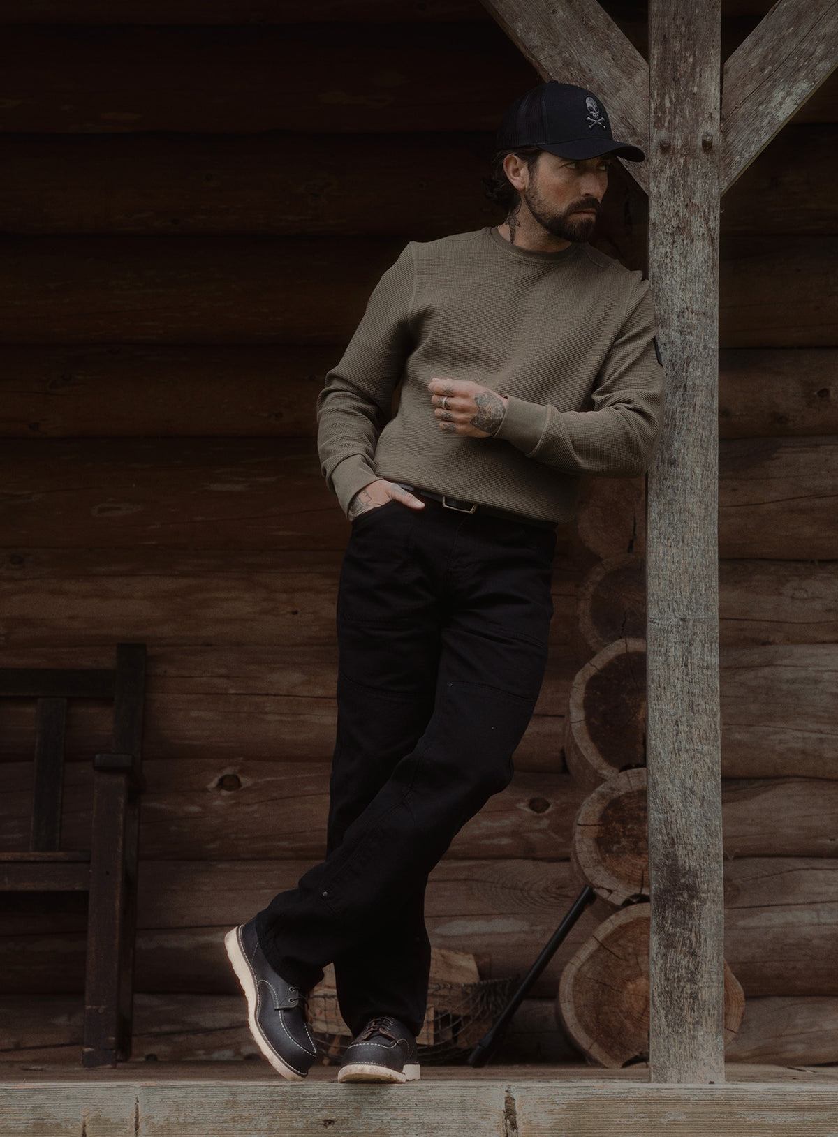 An in the field image of Men's Dissident Canvas Trousers in Obsidian Black (ITF)