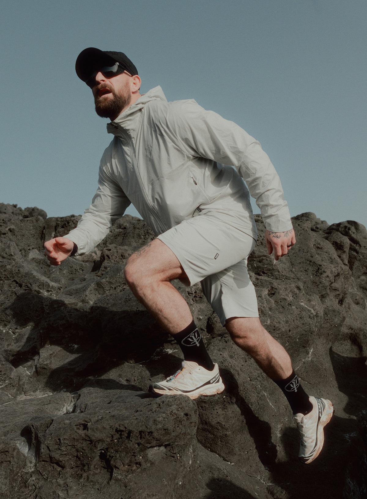 An in the field image of Oryon Shorts in Grey (ITF)