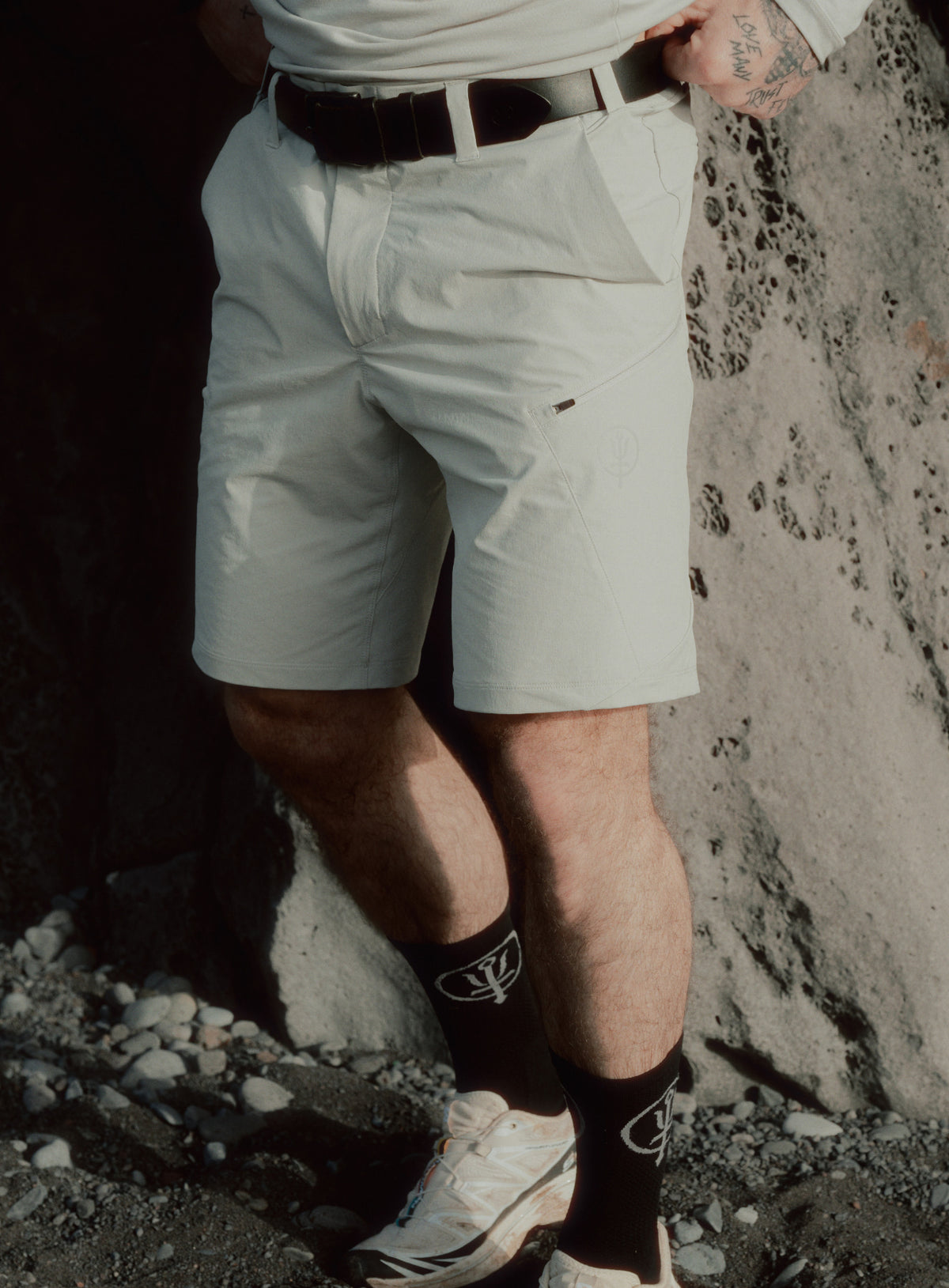 An in the field image of Oryon Shorts in Grey (ITF)