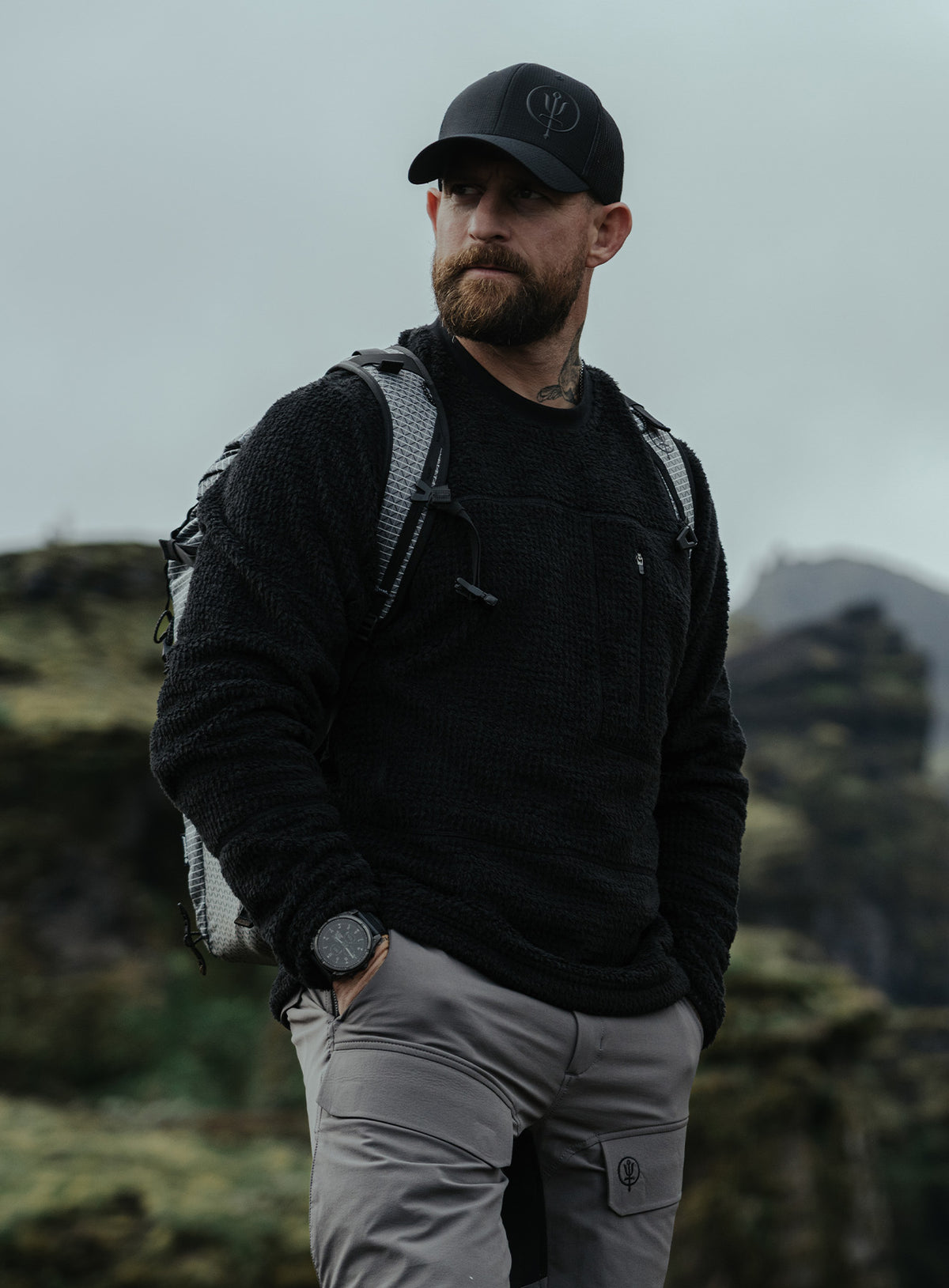 An in the field image of Phalanx Crew Fleece in Obsidian Black (ITF)