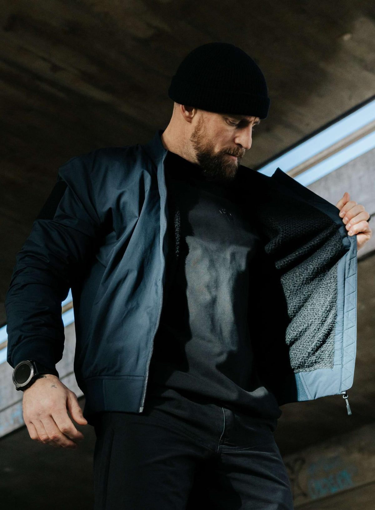 An in the field image of Men's Wraith Bomber Jacket in Dark Sapphire (ITF)